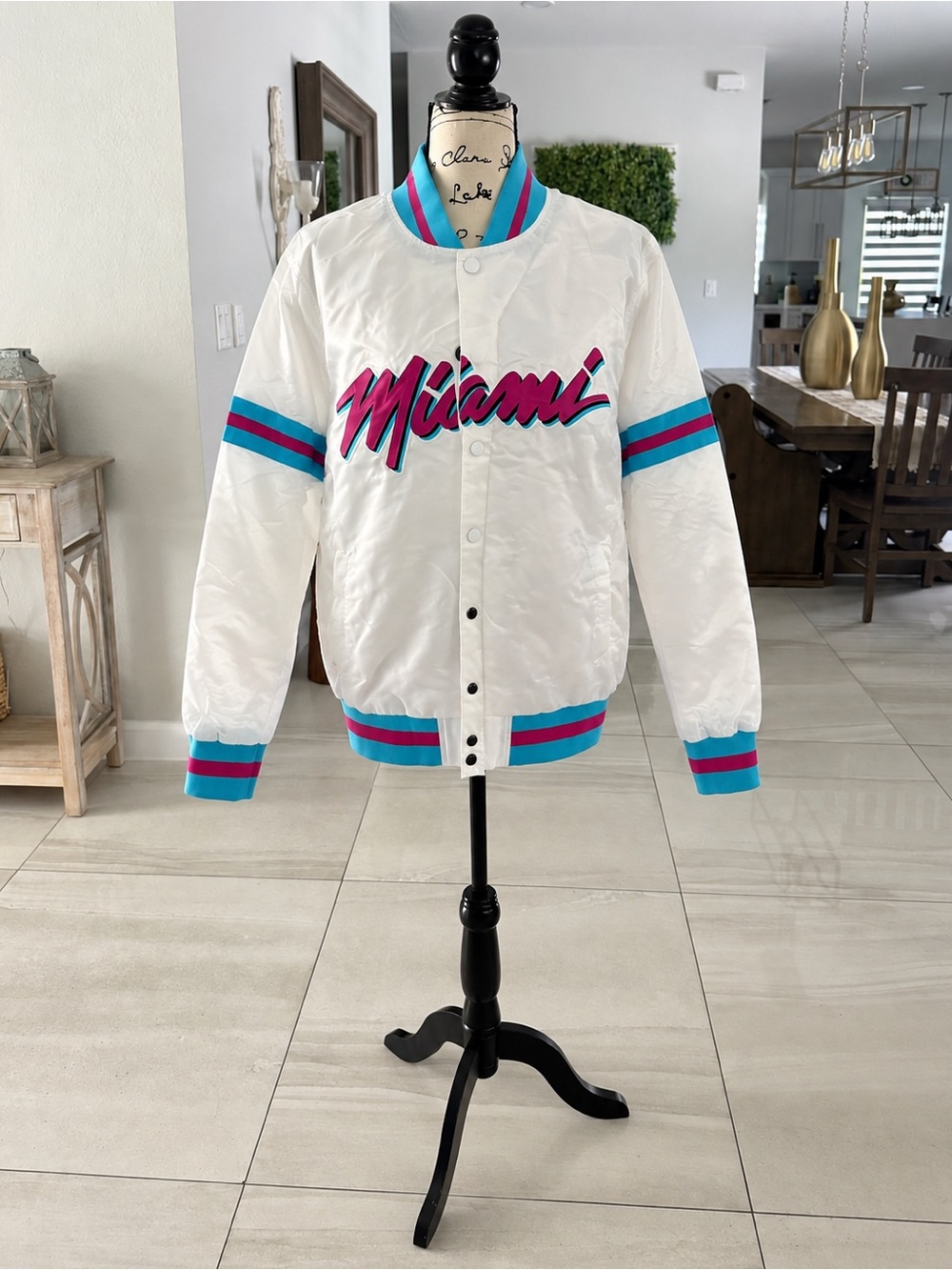 Starter Miami Satin Bomber Jacket White Pink Teal Snap Front Women’s Medium